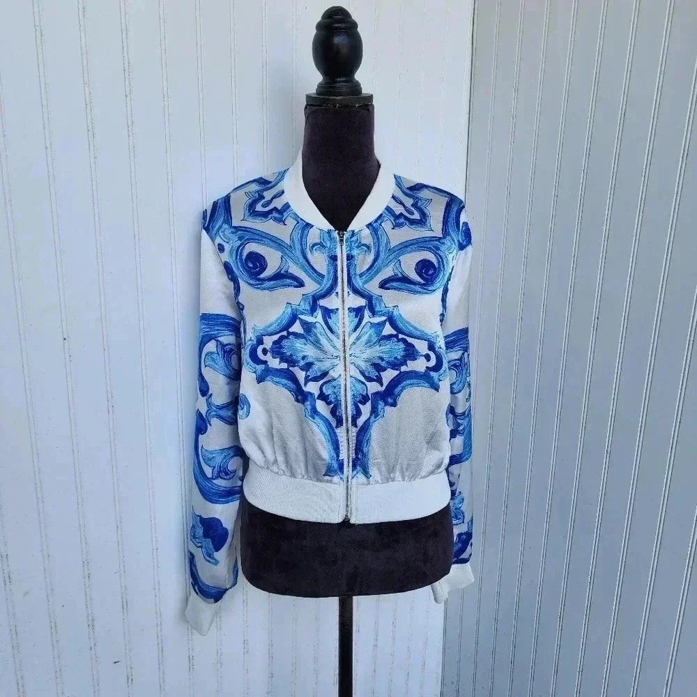 Steps New York Womens Blue White Satin Floral Bomber Jacket Blouse Full Zip Sz L